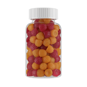 Gummy supplement bottle with green label on white background