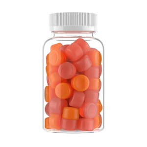 Gummy supplement bottle with immune support blend label